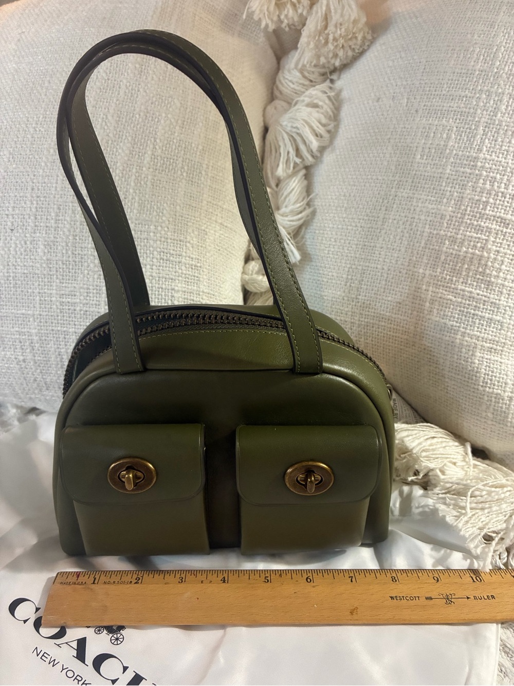Coach Olive Green Leather Double Pocket Shoulder Bag - Picture 3 of 14